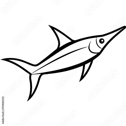 Stylized black and white swordfish illustration silhouette with sharp fins and a pointed bill