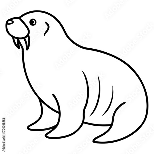 Cute cartoon walrus with tusks sitting down simple line drawing silhouette