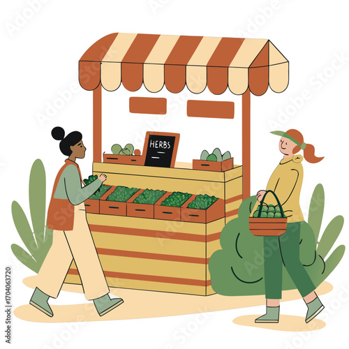 Flat Vector Illustration of a Farmers Market with a Vendor and Customer

