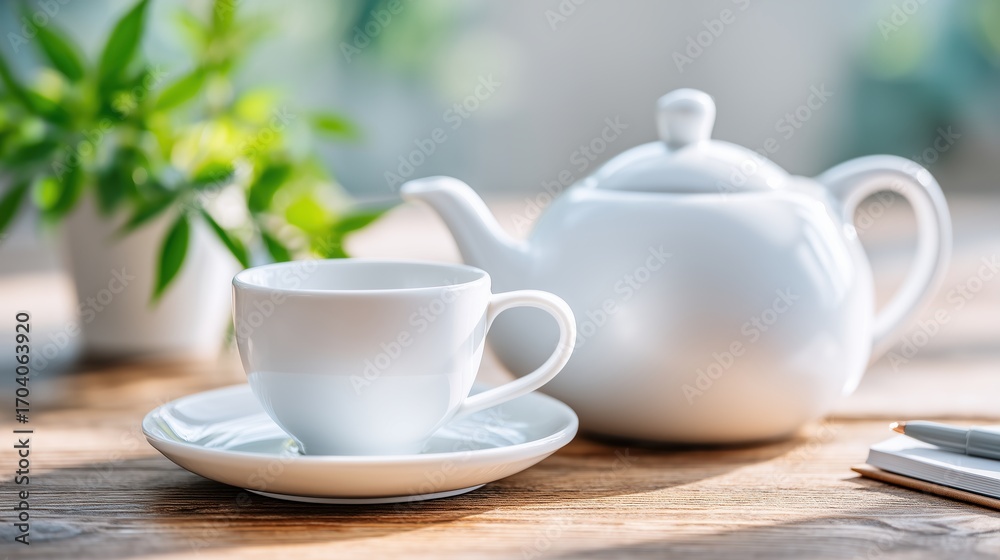 Fototapeta premium White Teacup and Teapot on a Sunny Wooden Table with Greenery
