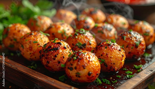 Roasted potato balls on wooden tray