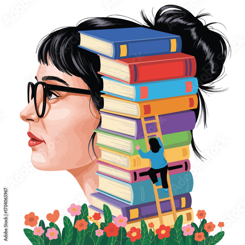 A smiling schoolgirl with glasses studies a stack of books at the university library