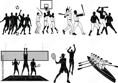 Sports illustration set, soccer, basketball, baseball, volleyball, tennis, rowing icons, team and solo activity vector, athletic competition concept