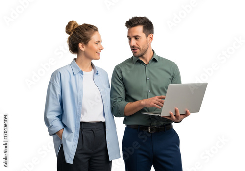 Two european collleagues in conversation about work over a laptop