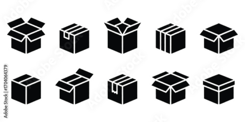 Collection of ten black isometric cardboard box icons on white background package shipping