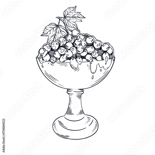 A vase with viburnum jam, all objects are hand-drawn with ink. Vector illustration is suitable for printing on food packaging, menu decoration and shop windows. Vector illustration