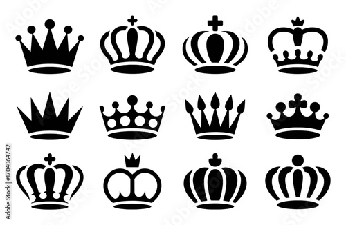 Collection of Twelve Black Silhouette Crown Icons on White Background