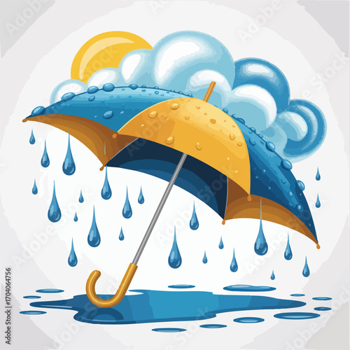 A blue open umbrella protects a person from colorful rain in a cartoon illustration