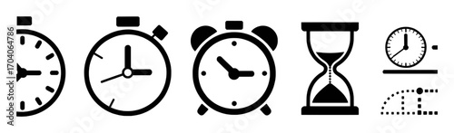 Collection of Timekeeping Icons: Clocks, Stopwatch, Hourglass, and Timer