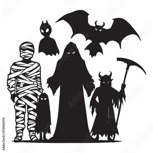 Silhouette collection of halloween monsters including a mummy grim reaper bat and demons