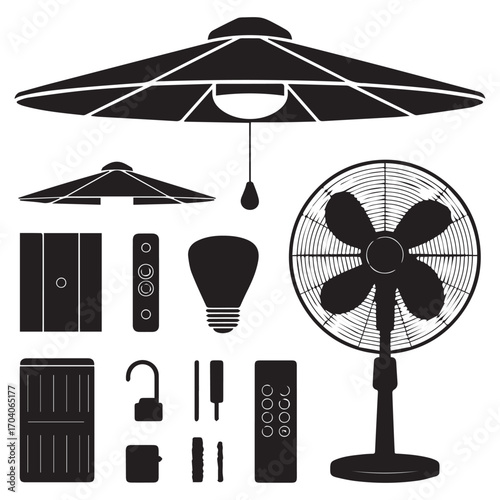 Collection of black silhouettes of outdoor living accessories including patio umbrella parts and a pedestal fan