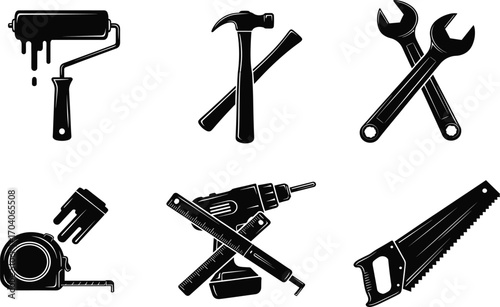 Tool icon set, paint roller, hammer, wrenches, tape measure, power drill, hand saw, vector construction and DIY concept design