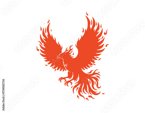 Phoenix bird, also known as the fenix firebird, has wings made of flames. It's a vector image of an abstract eagle or falcon soaring with fiery feathers.
