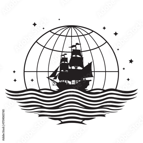 Silhouette of a majestic sailing ship navigating the globe amidst stylized waves and stars