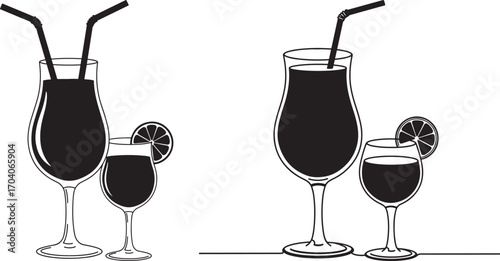 Two pairs of dark cocktails with straws and lemon slices silhouette