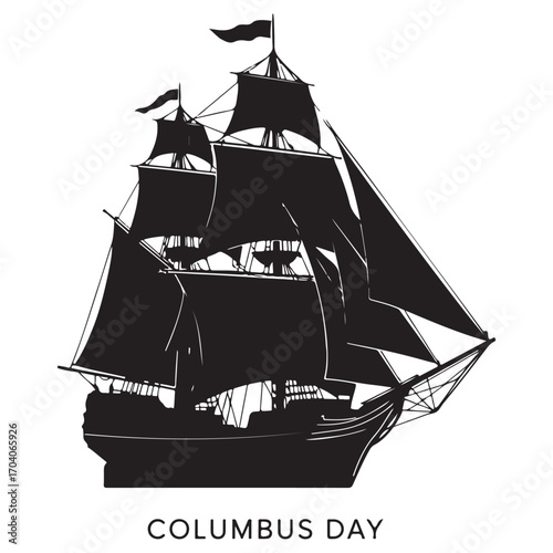 Silhouette of a majestic tall ship sailing under full sails on a white background