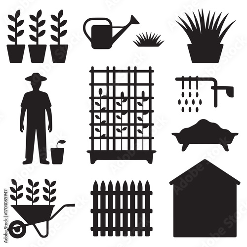 Collection of garden and farming icons depicting plants pots watering can farmer shed fence and wheelbarrow for agriculture and horticulture concepts