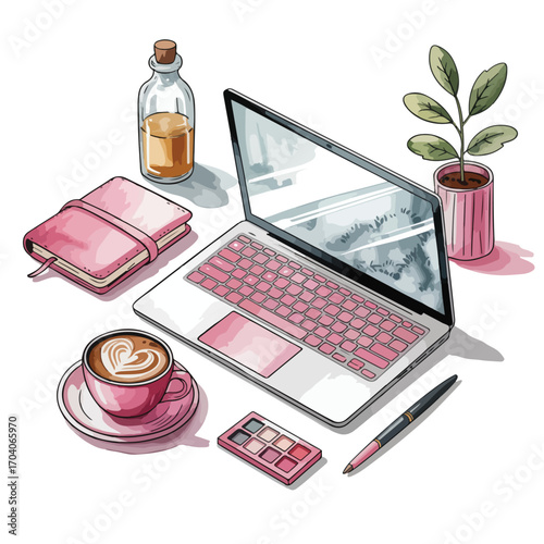 A colorful set of beauty and makeup products with a laptop and mobile phone