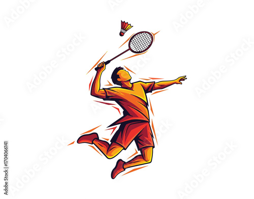 Contemporary abstract logo of a passionate badminton player in action, showcasing an aggressive jumping smash, vector art.