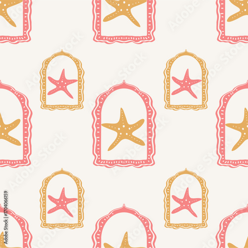 Ink drawn vector seamless repeat pattern in expressive freeform style. Coastal sea themed. Beach, palm, exotic. Starfish 