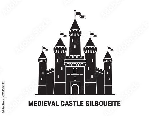 A medieval castle with flags fluttering in the breeze. Romanesque style architecture. A silhouette. Vector illustration set against a white background.