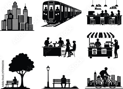 Urban life icon set, city skyline, subway, café, restaurant, street food, park bench, cyclist, vector lifestyle concept design