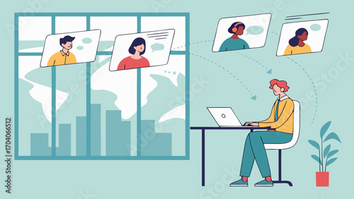 Remote Work Culture Manager Managing Global Team via Holographic Screens – Modern Career Vector Illustration