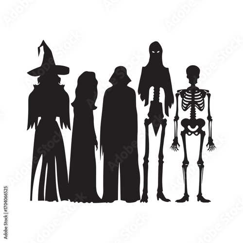 Silhouettes of halloween characters including a witch grim reaper and skeletons