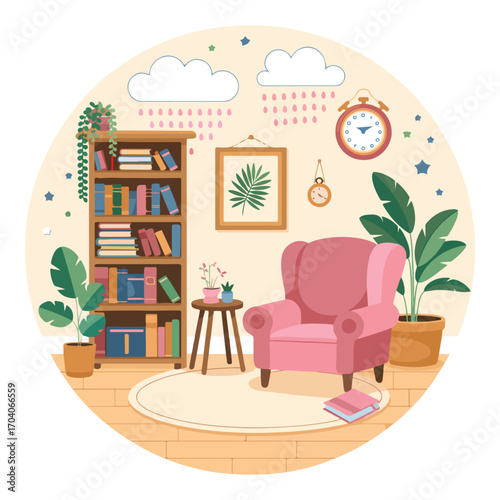 Vector illustration of a modern living room interior with home furniture and decor