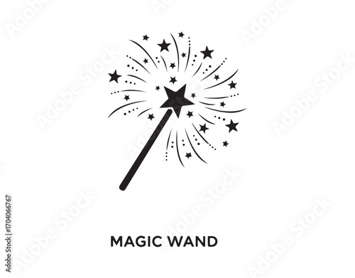 Magic wand graphic. Black outline. Side perspective. Vector flat art illustration. The object is set apart on a white background. Isolate