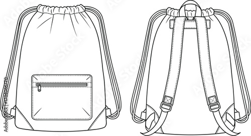 Cad drawing flat vector illustration, drawstring backpack front back view, technical bag sketch, fashion accessory template, zipper pocket design