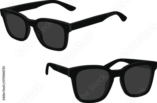 Cad drawing flat vector illustration, black sunglasses front view, fashion eyewear template, rectangular lens sketch, modern accessory design
