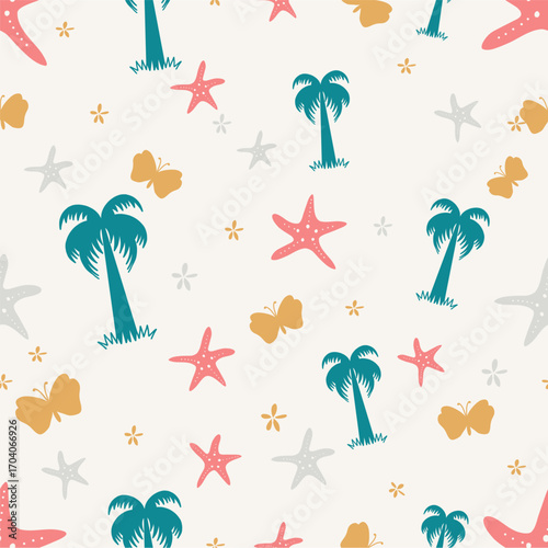Ink drawn vector seamless repeat pattern in expressive freeform style. Coastal sea themed. Beach, palm, exotic.