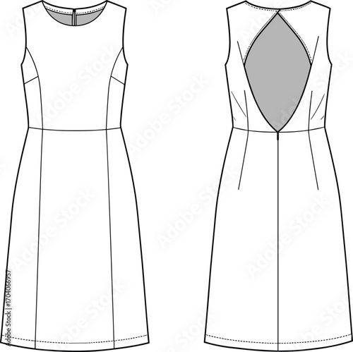 Cad drawing flat vector illustration, sleeveless dress design, teardrop back cutout, round neckline, fitted bodice, fashion sketch, garment template