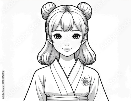 Detailed Line Drawing Portrait Young Female Character in Kimono Illustration