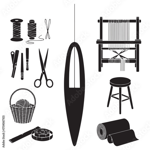 Collection of traditional weaving and textile crafting tools including a shuttle loom scissors thread spools and basket