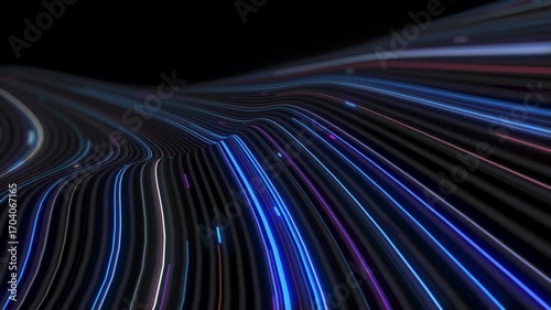 Blue neon glowing lines, data flow, fiber optic, abstract background, futuristic digital motion design for technology, cyberpunk, sci-fi, and modern video projects