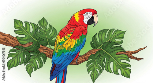 A vibrant macaw perched on a branch with lush green leaves, showcasing its colorful plumage and tropical habitat in a natural setting