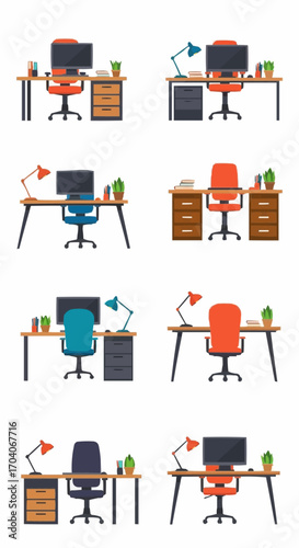 Office desks with computers, chairs, lamps, and decor, flat vector illustrations