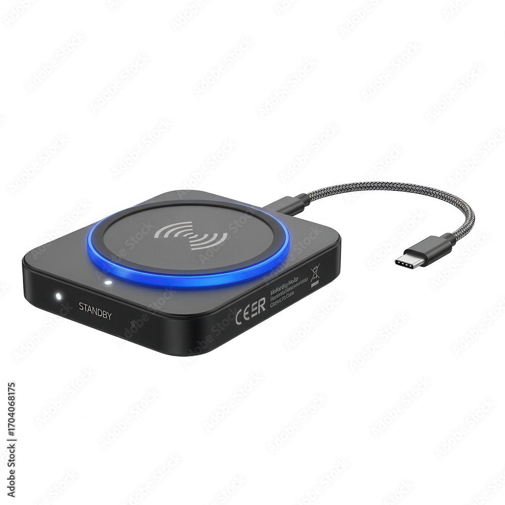 Fototapeta premium Modern black wireless charging pad with blue led light isolated on transparent background