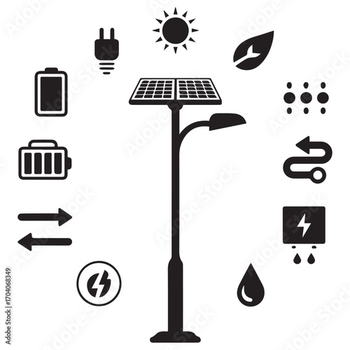Modern solar powered street light with surrounding icons representing renewable energy and sustainability concepts