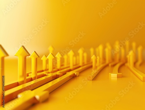 Monochrome golden 3D scene of multiple arrows on lanes pointing upward, symbolizing growth, progress, leadership, and competition.