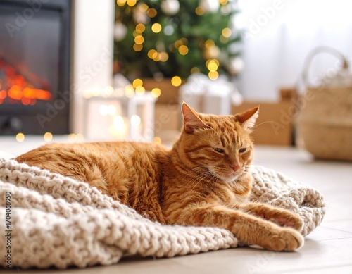 Wallpaper Mural Ginger cat resting on a knitted blanket near a Christmas tree Torontodigital.ca