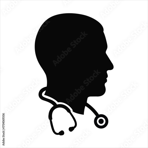 Black silhouette of a doctors head with stethoscope isolated on white background, doctor's head with a stethoscope around the neck