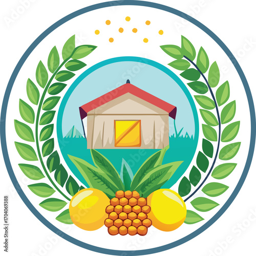 A tropical emblem, featuring a tent, pineapple, and lemons, encircled by leaves, evoking adventure, relaxation, and the essence of island life