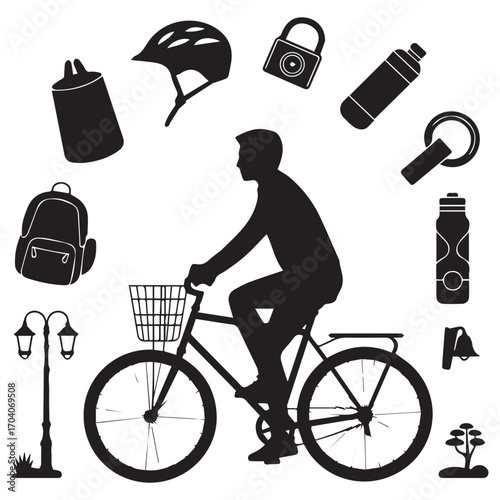 Silhouette of a cyclist riding a bicycle surrounded by various cycling accessories and urban elements in a circular arrangement