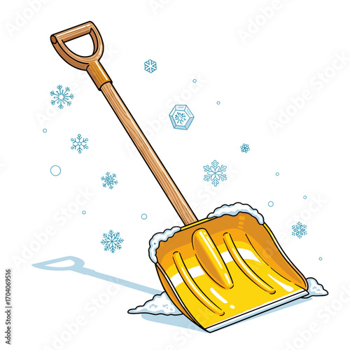 Yellow snow shovel with wooden handle and snowflakes illustration