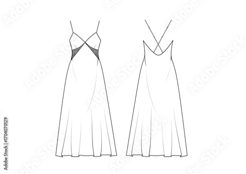 Women Nightwear Laces Cutout Slip Dress Evening Dress , Front & Back View, fashion flat sketch, Front & Back View, Editable Flat Technical Drawings Illustration, Dress Mock up
