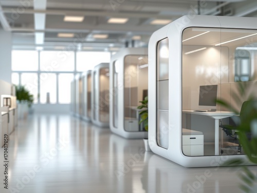 Row of modern glass office pods with desks and monitors in a bright, open-plan workspace offering private, minimal booths for focused work and meetings.