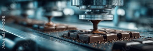 Chocolate bar production line in factory uses automated machine to apply liquid topping as treats move along conveyor belt